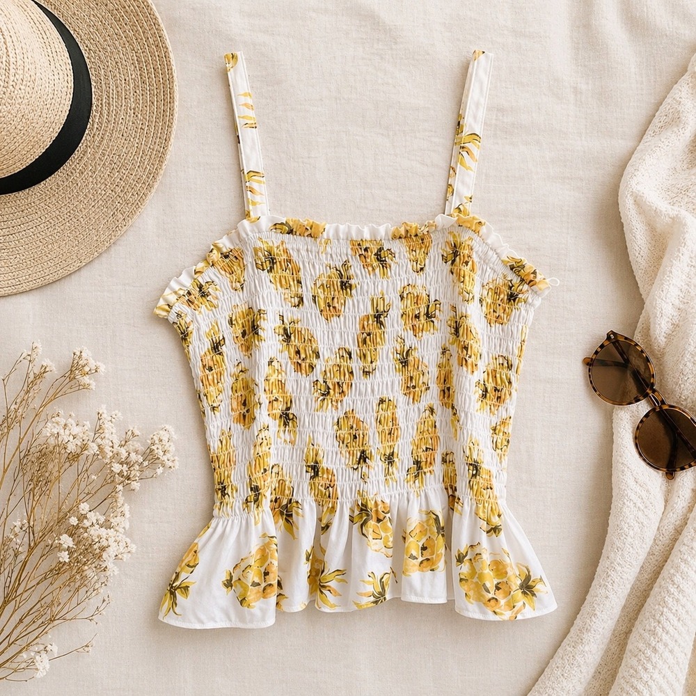 White House Black Market Camisole  L Yellow Floral Smocked Peplum Summer Top
